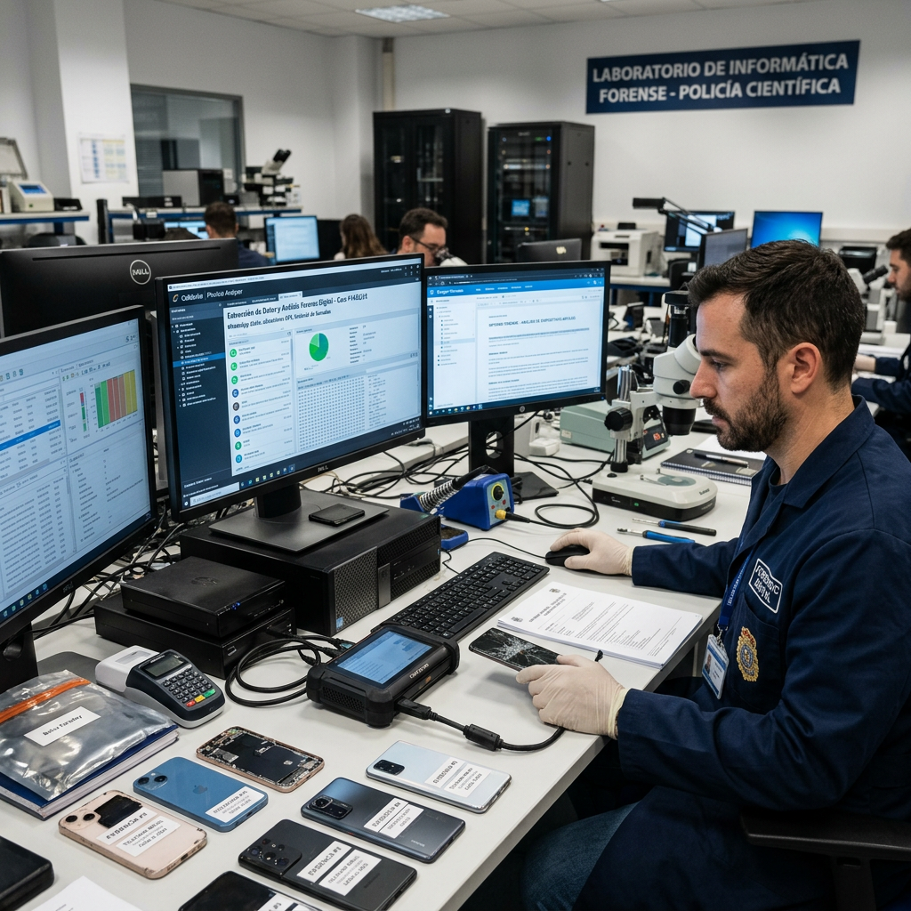Forensic analyst analyzing data from multiple smartphones in a police scientific computer lab