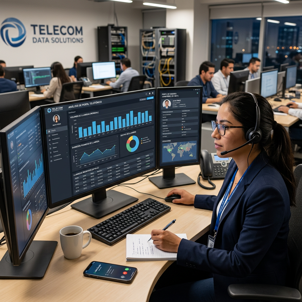 Telecom analyst reviewing call volume charts and user profiles on triple monitors