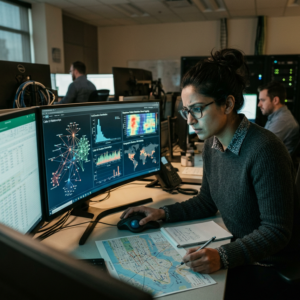 Woman working with data visualizations on monitors and map on desk
