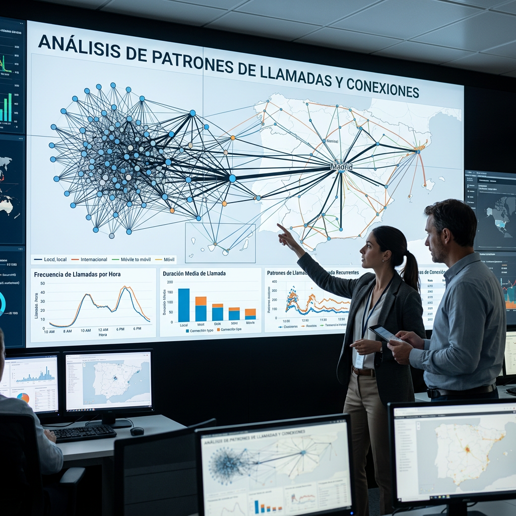 Call and connection pattern analysis map highlighting Madrid with charts of call frequency and duration